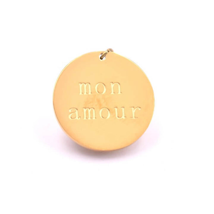 Pendentif médaille ronde acier doré gravée mon amour 20mm (1)