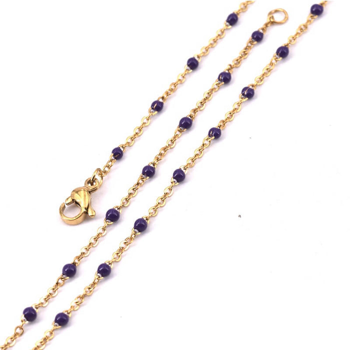 Collier chaine acier doré - 2x1.5mm et émail violet 45cm (1)