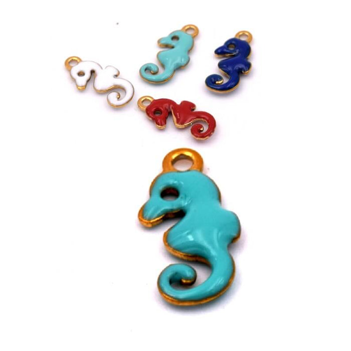 Breloque Hippocampe en acier inoxydable doré, émail TURQUOISE - 10mm (1)