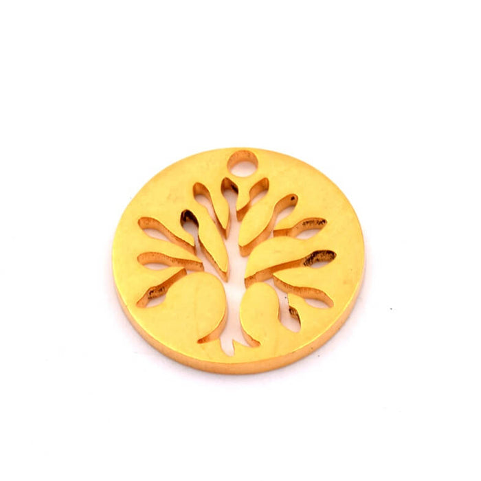 Pendentif rond acier inoxydable doré 16mm arbre de vie - Trou: 1mm (1)