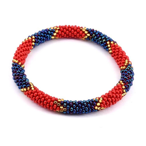 Bracelet jonc crocheté Népalais chevron rouge et bleu 65mm (1)