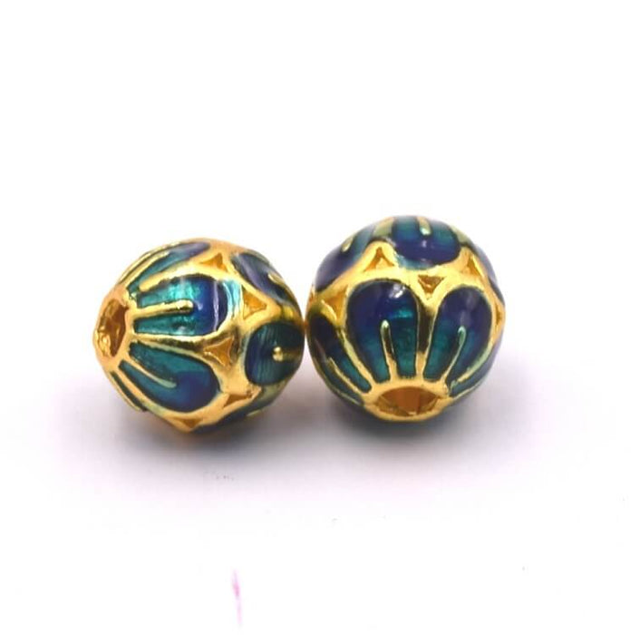 Perle ronde métal émail bleu et vert 7.5x7mm - Trou: 1.6mm (2)