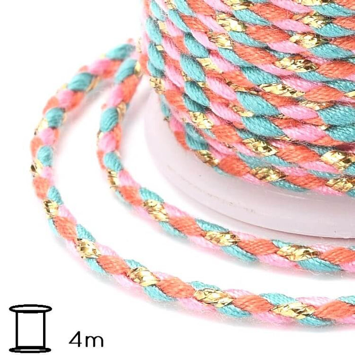 Cordon coton tressé fil doré rose et turquoise - 2mm (Bobine 4m)