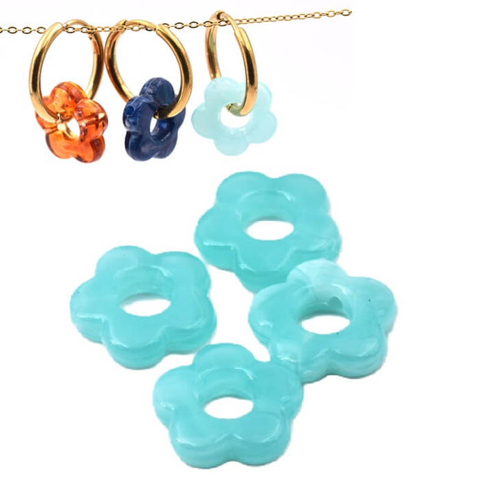 Perle forme fleur en résine turquoise laiteux 14.5mm - Trou : 5mm (4)