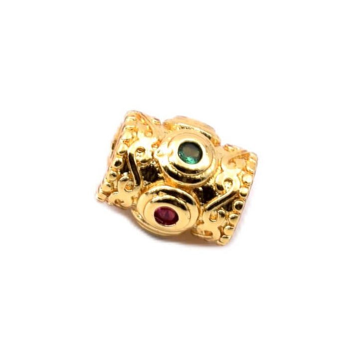 Perle tube laiton doré zircon vert et rouge 8x7mm trou: 3mm (1)