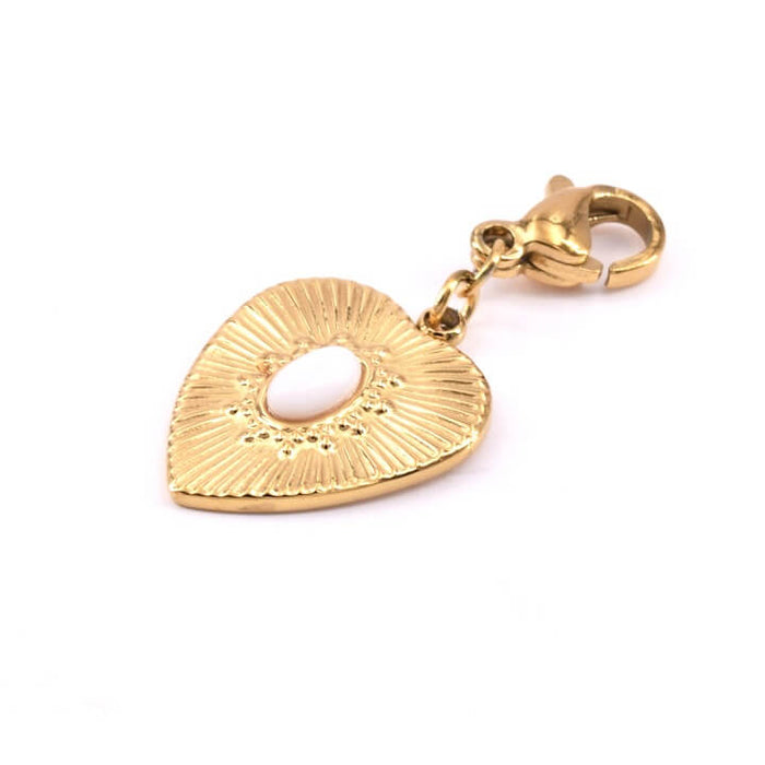 Pendentif Coeur Acier Doré et Cabochon Ovale Résine Blanc 16x15mm (1)