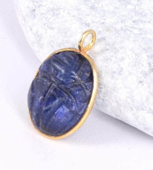 Pendentif Ovale Sculpté Scarabée ethnique Lapis Lazuli Sertis Argent 925 doré or fin 15x12mm (1)