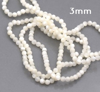 Perle ronde en nacre blanche naturelle 3mm, Trou: 0,6mm - Fil 39cm (1 fil)