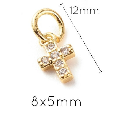 Achat Pendentif Charm Croix Laiton Doré Qualité - 6 Zircons - 8x5mm (1)