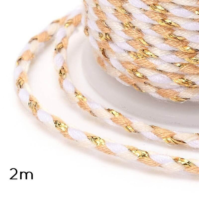 Cordon Coton Tressé Fil Doré, Nude et Blanc - 2mm (2m)