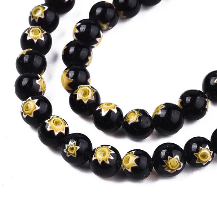 Millefiori Perles Rondes Noir et Jaune 6mm, fil 37cm (1fil)