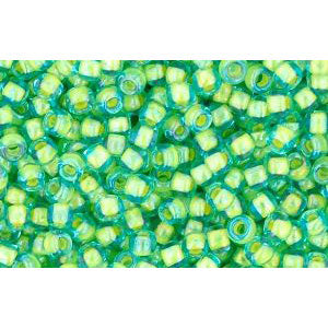 cc307 - perles de rocaille Toho 11/0 aquamarine/opaque yellow lined (10g)