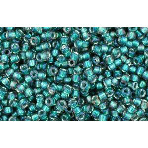 cc270 - perles de rocaille Toho 15/0 rainbow crystal/prairie green lined (5g)