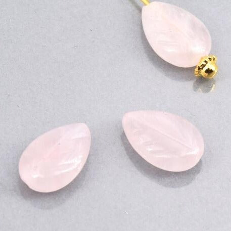 Perles sculptées feuille quartz rose 12x8mm, trou 0,8mm (4)
