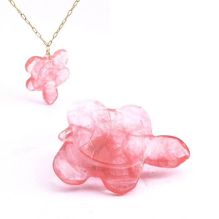 Pendentif Sculpté Tortue en Quartz Fraise 45x36mm - Trou : 2mm (1)