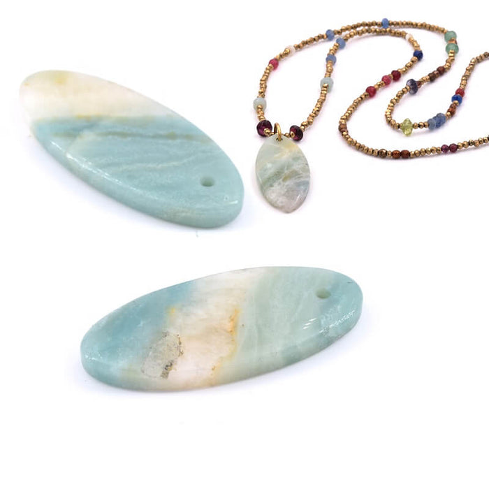 Pendentif Ovale en Amazonite Naturelle Bleue Vert 35x15x3.5mm - Trou :1.5mm (1)