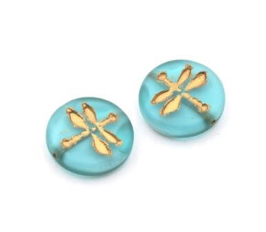 Perles en verre de Bohême libellule turquoise mate laiteuse et doré cuivré 12mm (2)