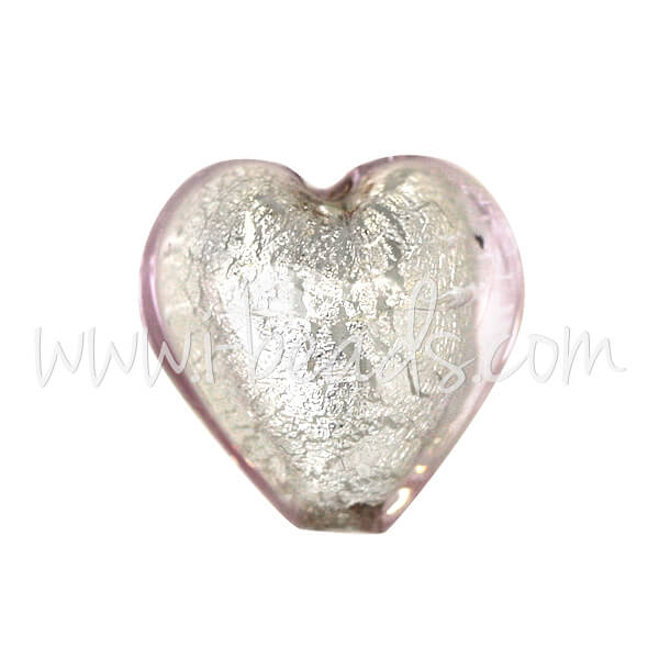 Perle de Murano coeur cristal rose clair et argent 10mm (1)