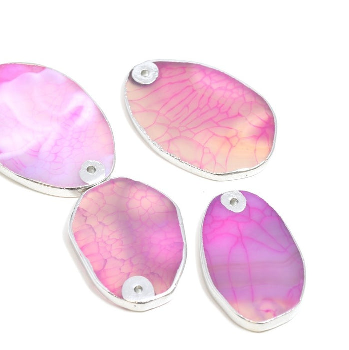 Pendentif tranche d'agate ROSE serti laiton PLATINE - 4 cm sur 2 cm environ