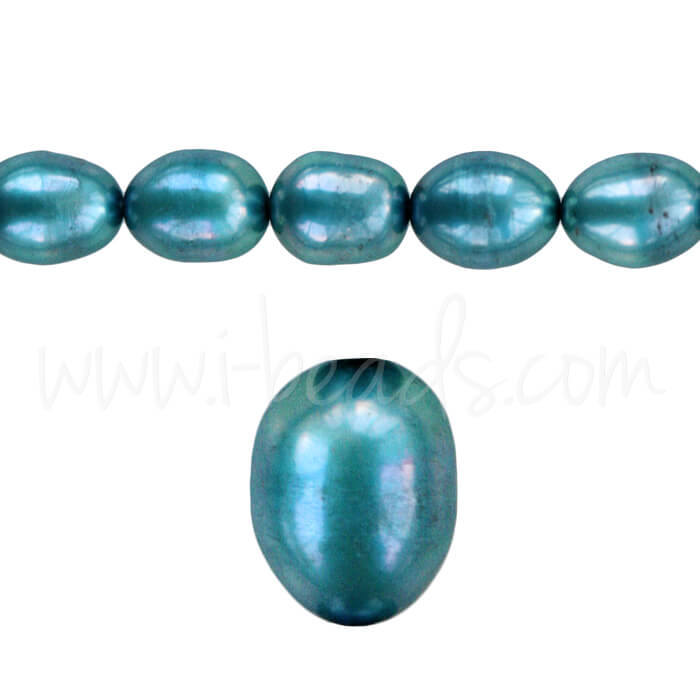 Perles d'eau douce grain de riz turquoise 8x6mm sur fil (1)