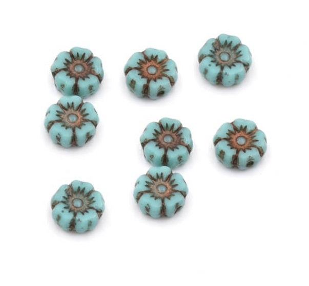 Perles en verre de Bohême fleur d'hibiscus turquoise vert et bronze foncé 7mm (4)