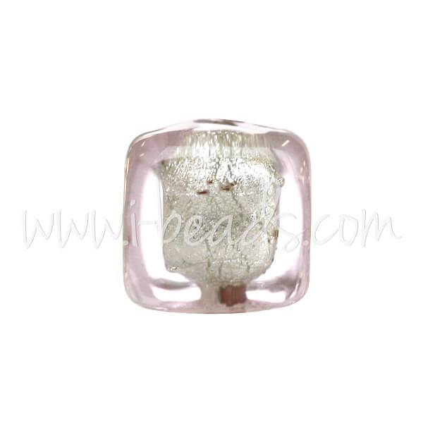 Perle de Murano cube cristal rose clair et argent 6mm (1)