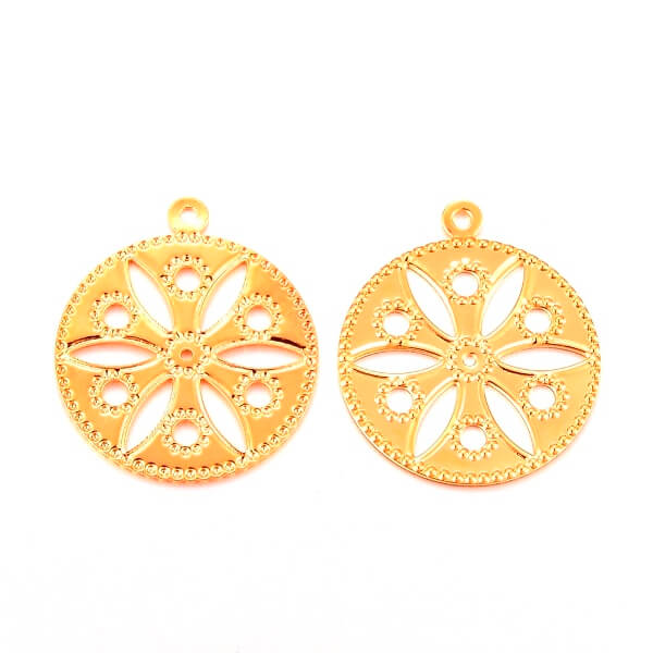 Pendentifs en acier inoxydable, Fleur rond et plat, Doré, 19mm (2)
