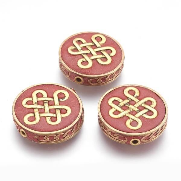 Perle d'Indonésie faite à la main en laiton non plaqué, ROUGE, noeud chinois, 28mm, trou 2mm (1)