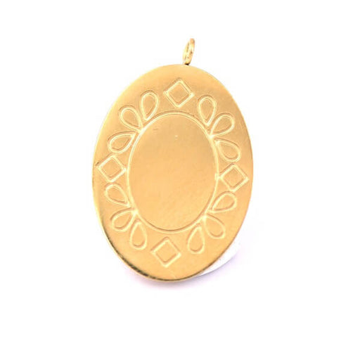 Pendentif ovale acier doré gravé 26x17mm - Trou: 1.8mm (1)