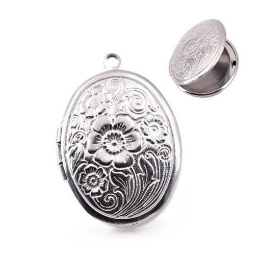 Achat Pendentif médaillon ovale motif fleur qui s&#39;ouvre en acier 33x24mm (1)
