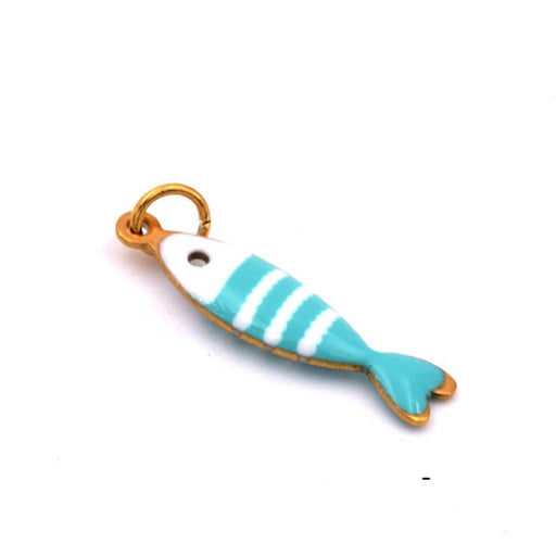 Pendentif poisson émail turquoise et blanc en acier doré 19x5mm (1)