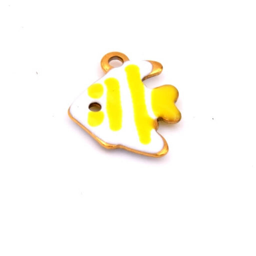 Pendentif poisson doré émail blanc rayé jaune 12mm - Trou: 1mm (1)