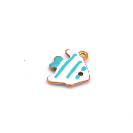 Pendentif poisson doré émail blanc rayé turquoise 12mm - Trou: 1mm (1)