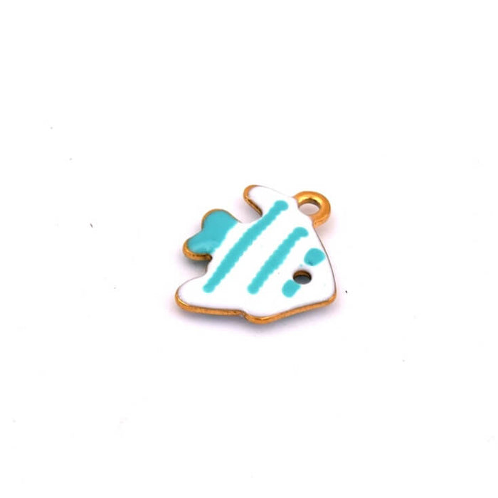 Pendentif poisson doré émail blanc rayé turquoise 12mm - Trou: 1mm (1)