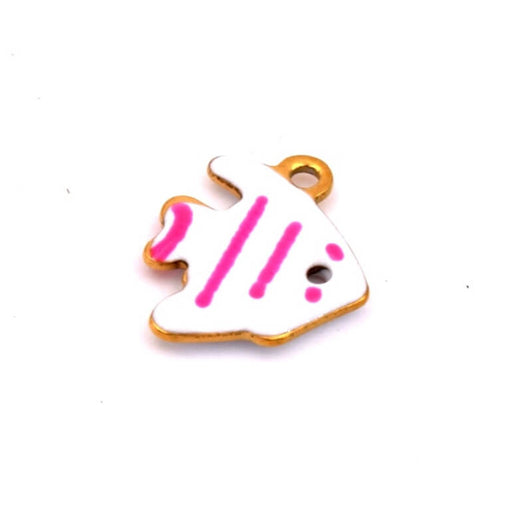 Pendentif poisson doré émail blanc rayé rose 12mm - Trou: 1mm (1)