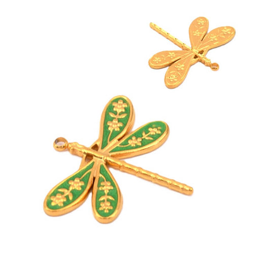 Pendentif libellule en acier inoxydable doré et émail vert 27x24mm (1)