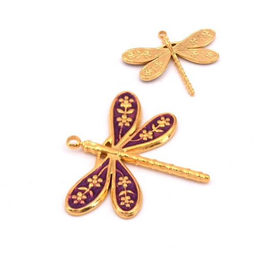 Pendentif libellule acier inoxydable doré et émail violet 27x24mm (1)