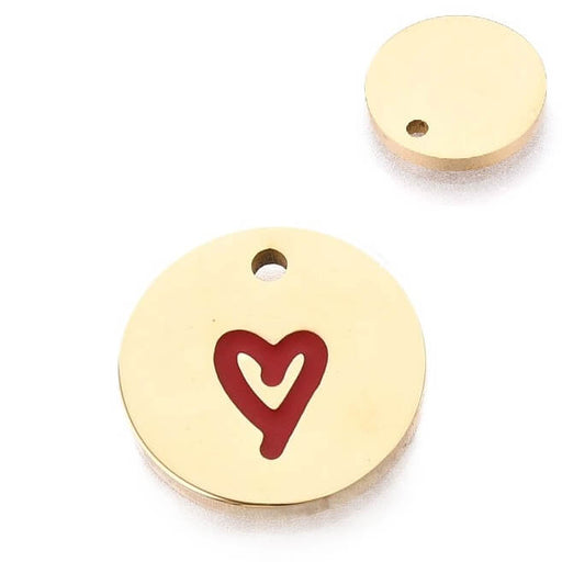 Médaille en acier inoxydable doré et coeur en émail rouge 14mm (1)