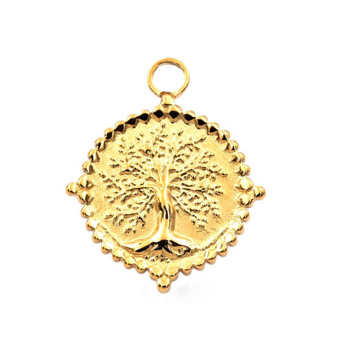 Pendentif rond arbre de vie acier inoxydable doré 19mm - Trou: 2mm (1)