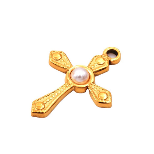 Pendentif croix acier inoxydable doré et cabochon nacré 19.5mm (1)