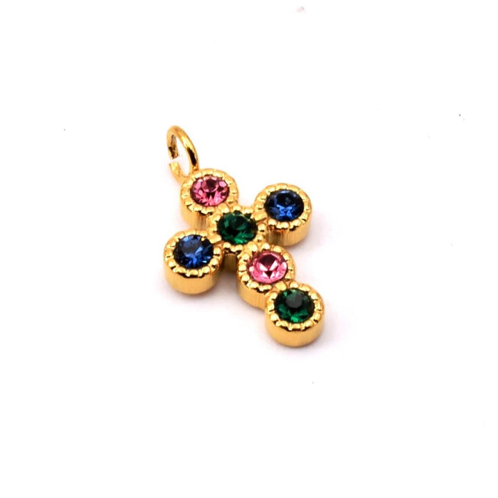 Pendentif croix acier inoxydable doré et strass 13mm - Trou: 2mm (1)