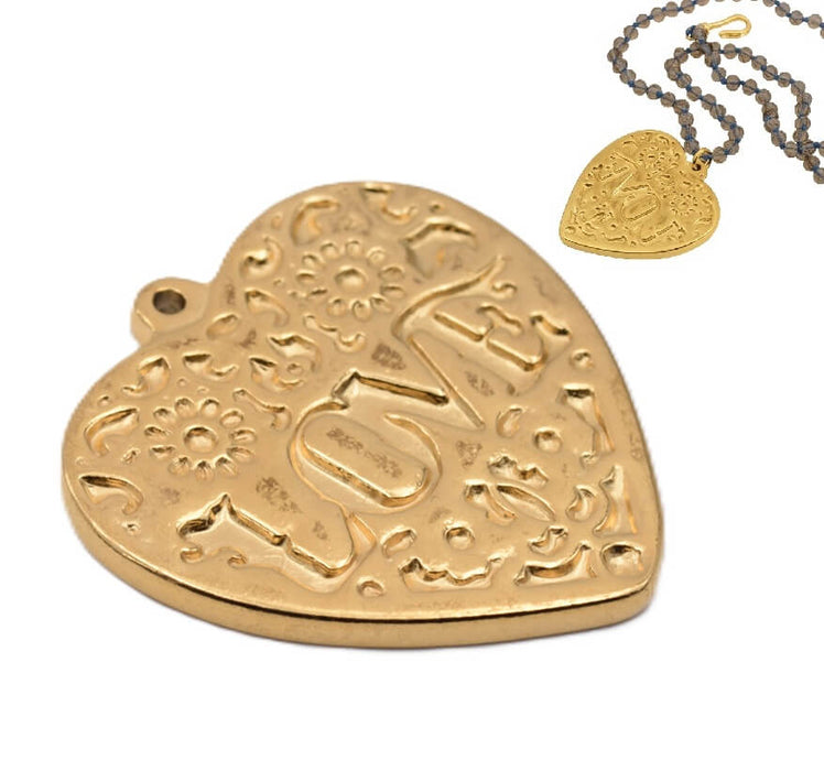 Pendentif coeur acier inoxydable doré 41mm gravé LOVE - Trou: 1mm (1)