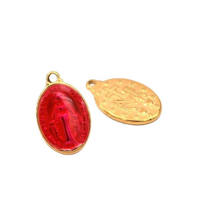 Médaille vierge miraculeuse ovale émaillé Rose - doré longue tenue - acier inox - 17x13mm (1)