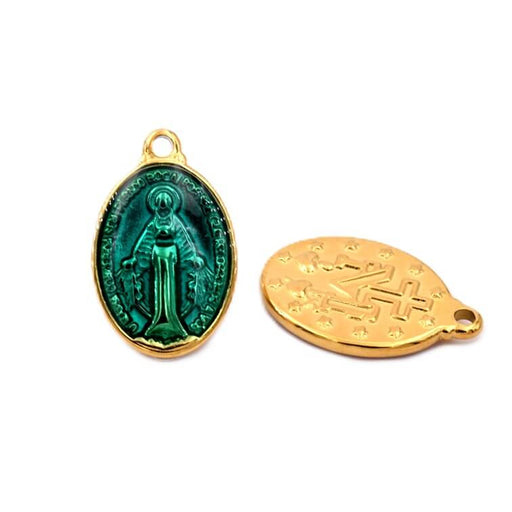 Médaille vierge miraculeuse ovale émaillé VERT - doré longue tenue - acier inox - 17x13mm (1)