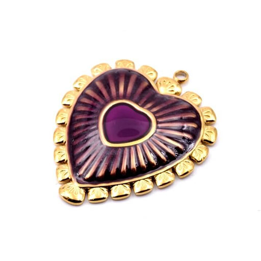 Pendentif coeur en acier doré et émail violet  22x20mm (1)