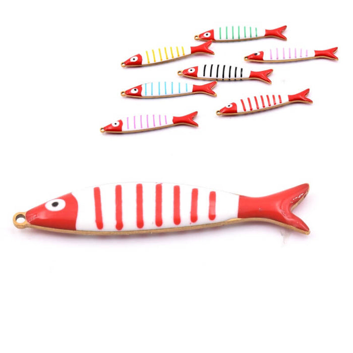 Pendentif poisson émail rayures rouges en acier doré 40x8mm (1)