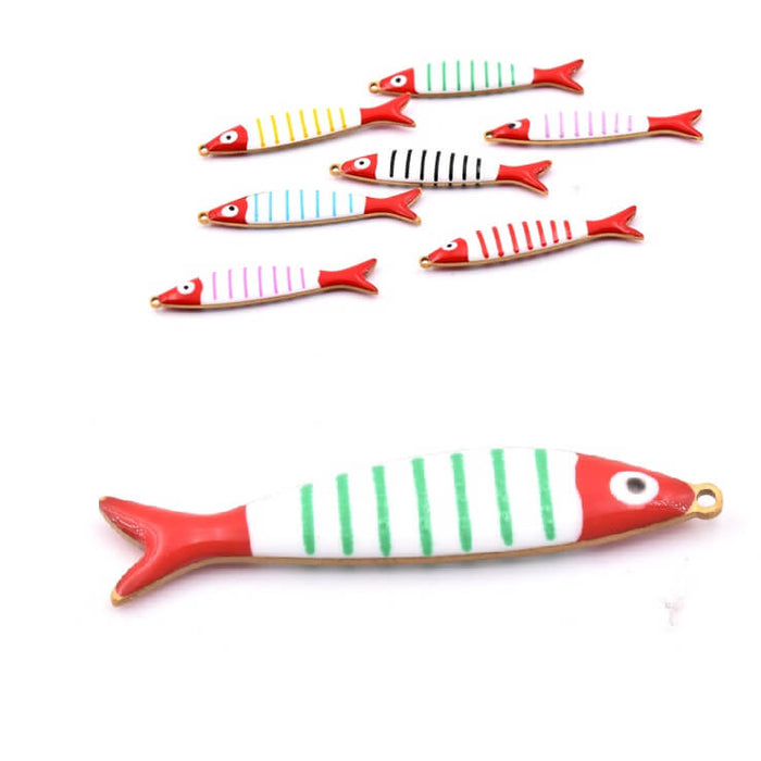 Pendentif poisson émail rayures vert en acier doré 40x8mm (1)