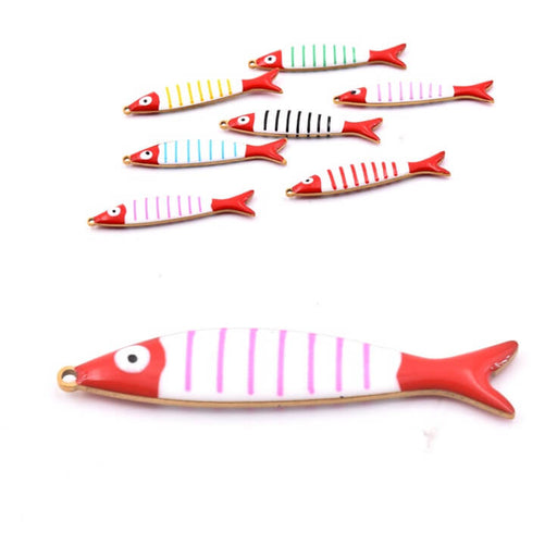 Pendentif poisson émail rayures rose en acier doré 40x8mm (1)