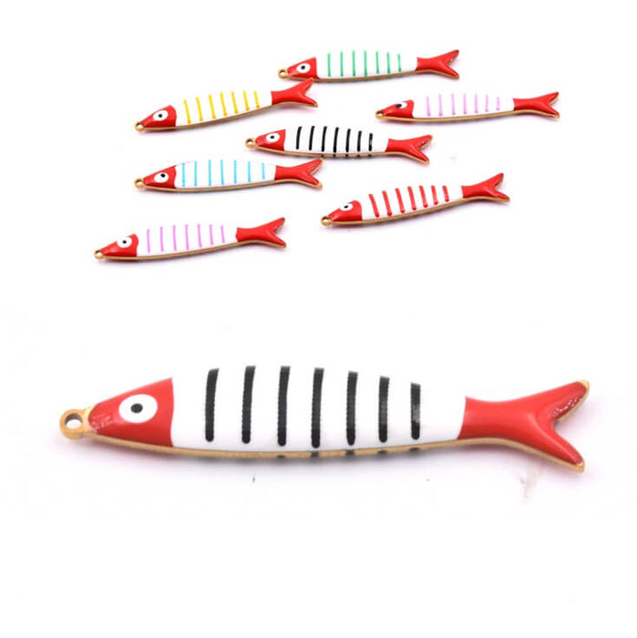 Pendentif poisson émail rayures noir en acier doré 40x8mm (1)