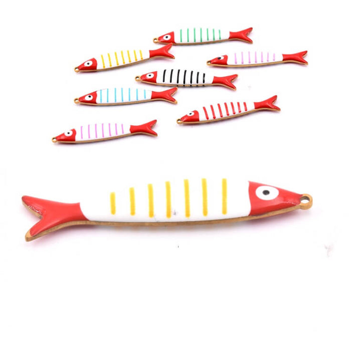 Pendentif poisson émail rayures jaune en acier doré 40x8mm (1)